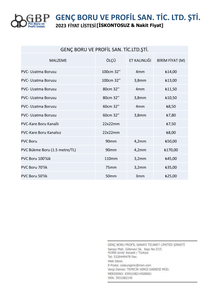 2023 Fiyat listesi 1